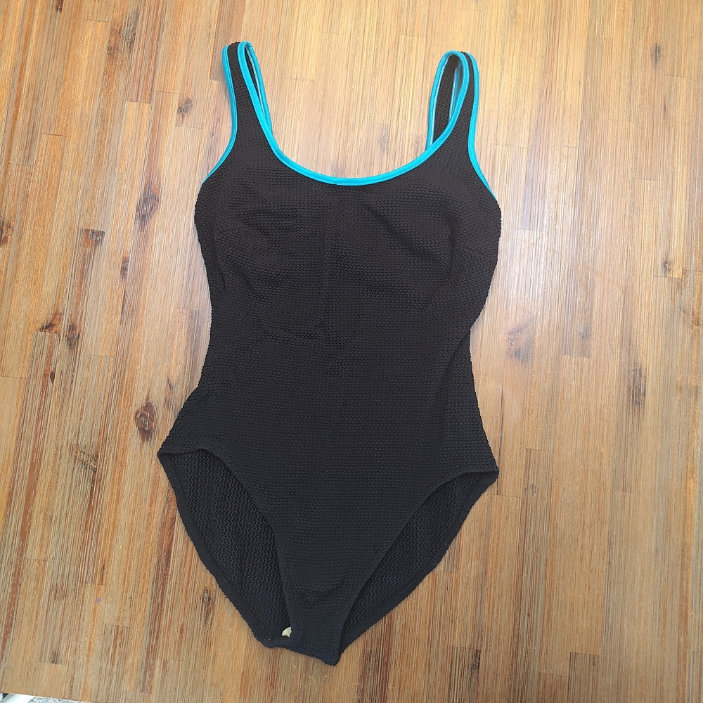 Vintage Maillot 90s Black With Blue Trim One Piece Swimsuit Size 10 Textured